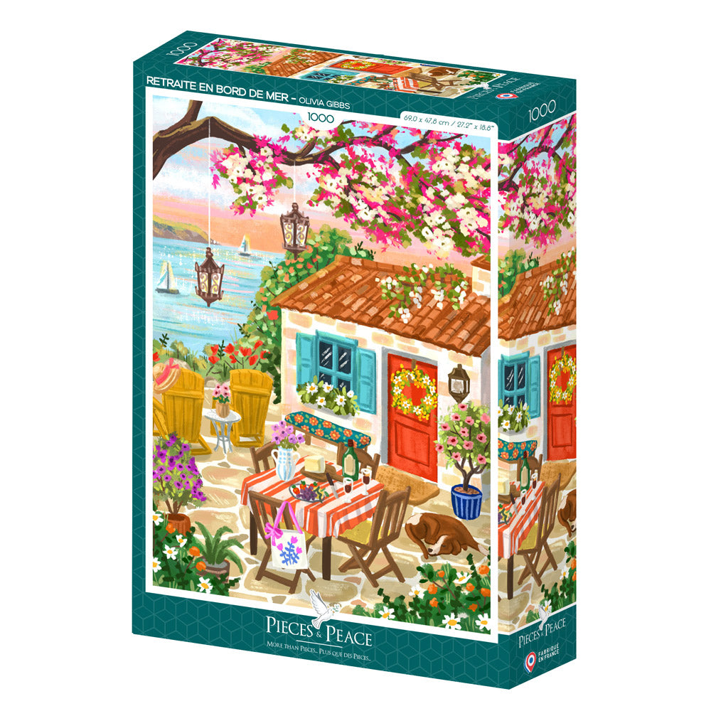 Puzzle of a seaside retreat with cottage, chairs &amp; table, a dog sleeping &amp; plenty of flowers