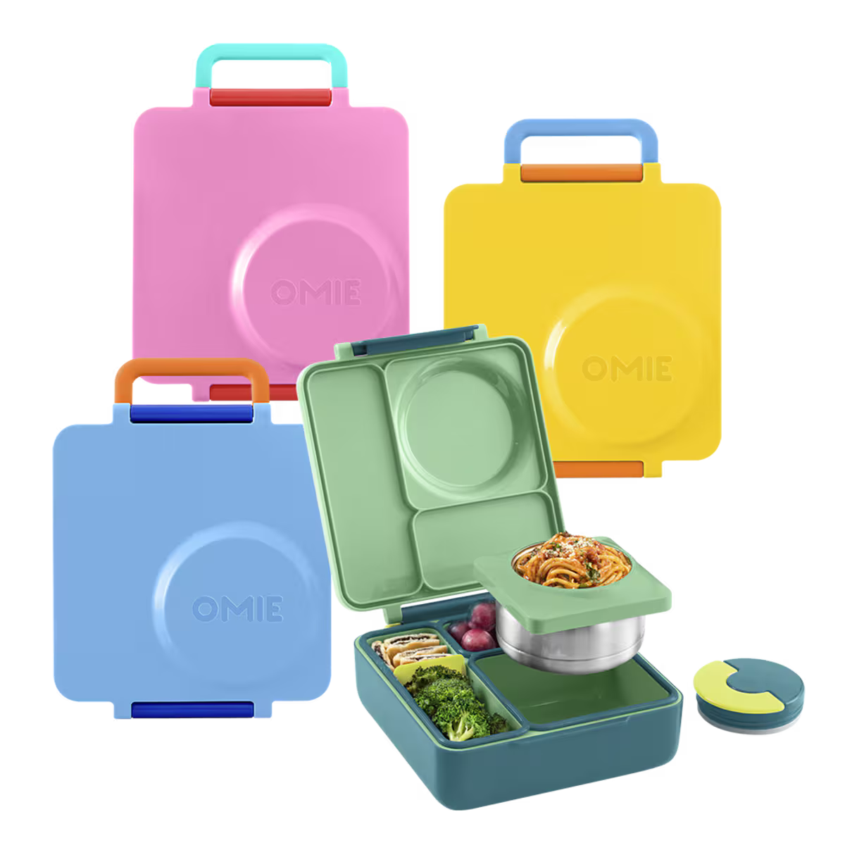 Set of colorful OMIE lunch boxes with food compartments on a white background