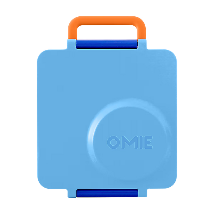 Blue cooler bag with orange handle on a white background