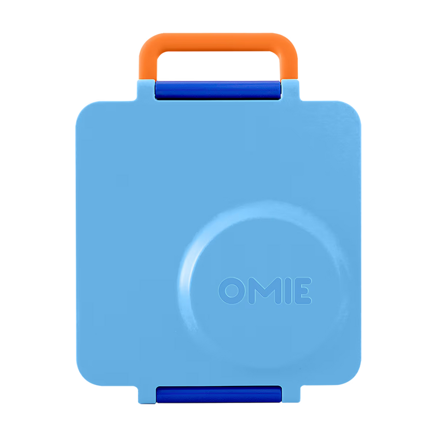 Blue cooler bag with orange handle on a white background