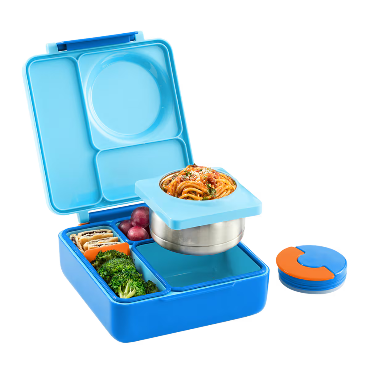 Blue bento box with compartments containing food on a white background