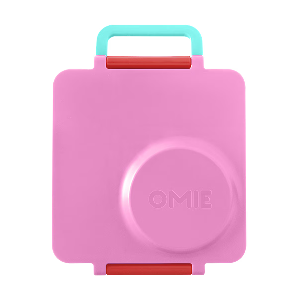 Pink and red toy suitcase with a handle on a white background