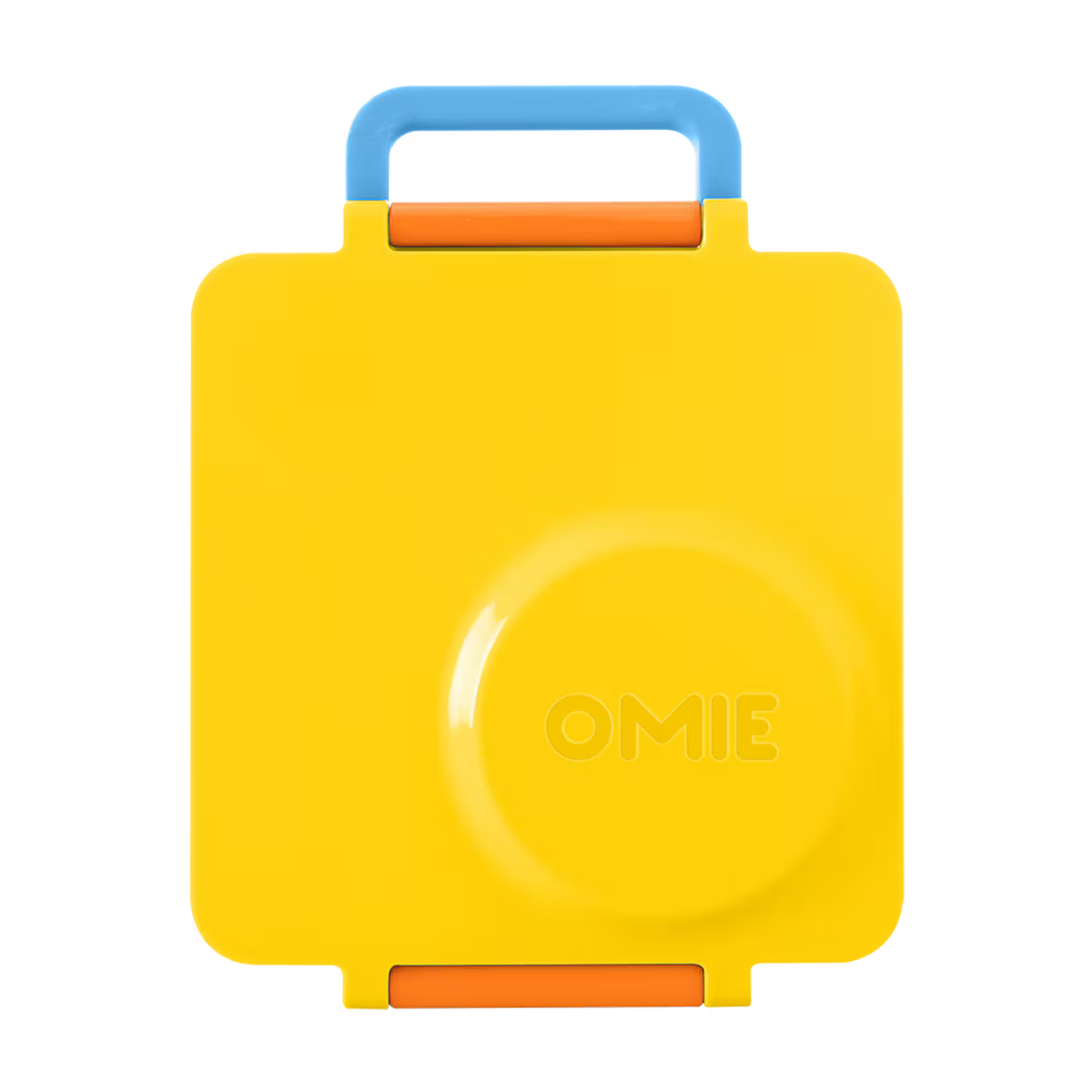 Yellow and Orange Omie Bento Lunch Box on white background with blue handle