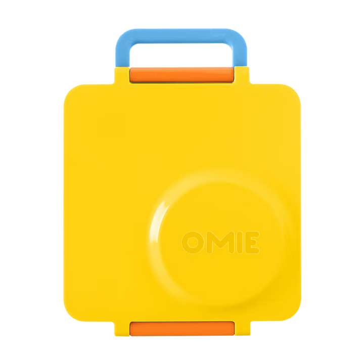 Yellow and Orange Omie Bento Lunch Box on white background with blue handle