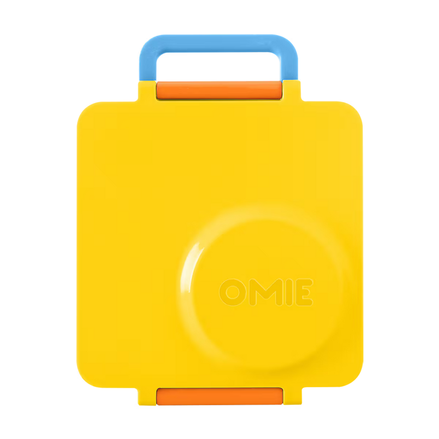 Yellow and Orange Omie Bento Lunch Box on white background with blue handle