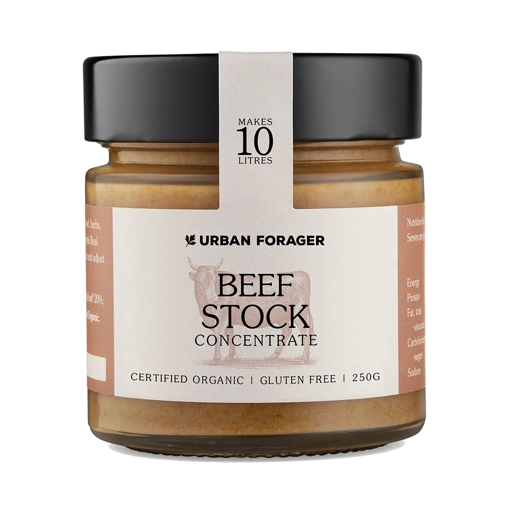 Urban Forager organic beef concentrate in a jar with a white background