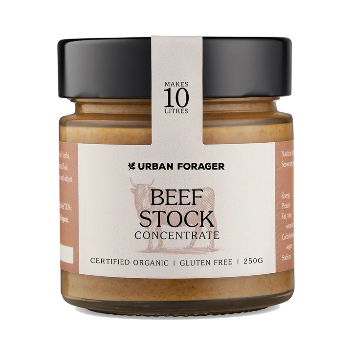 Urban Forager organic beef concentrate in a jar with a white background