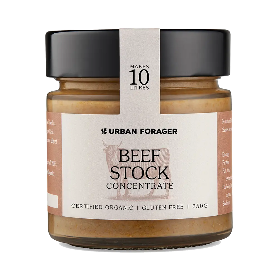 Urban Forager organic beef concentrate in a jar with a white background