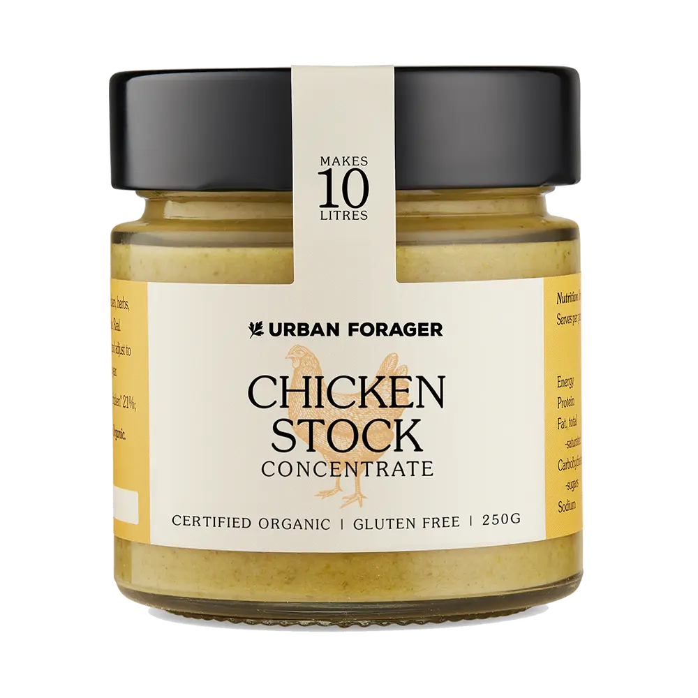 Jar of Urban Forager Chicken Stock Concentrate on a white background