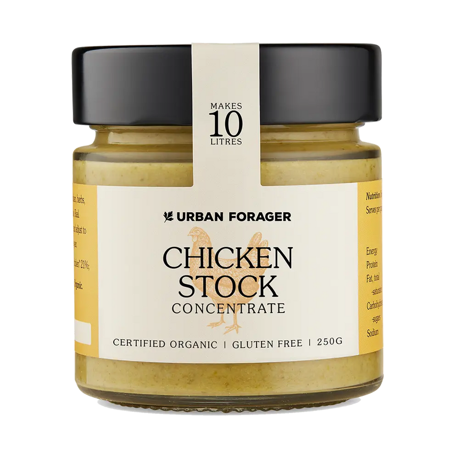 Jar of Urban Forager Chicken Stock Concentrate on a white background