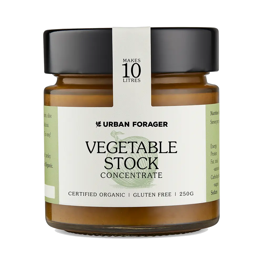 Jar of Urban Forager Vegetable Stock Concentrate on a white background