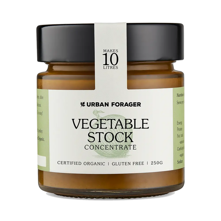 Jar of Urban Forager Vegetable Stock Concentrate on a white background