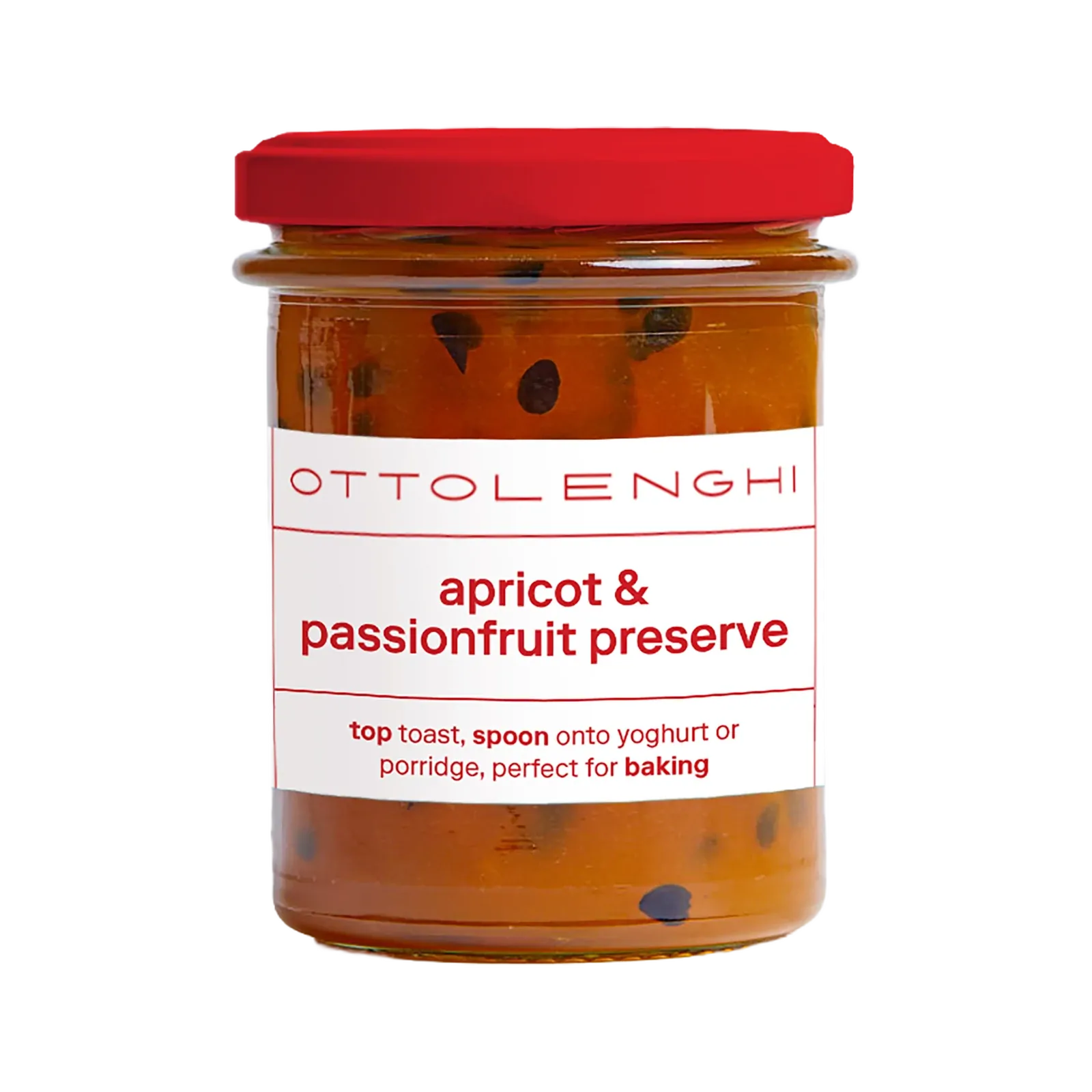 A glass jar of Ottolenghi apricot & passionfruit preserve with a bright red lid and a white label, shown on a plain white background.