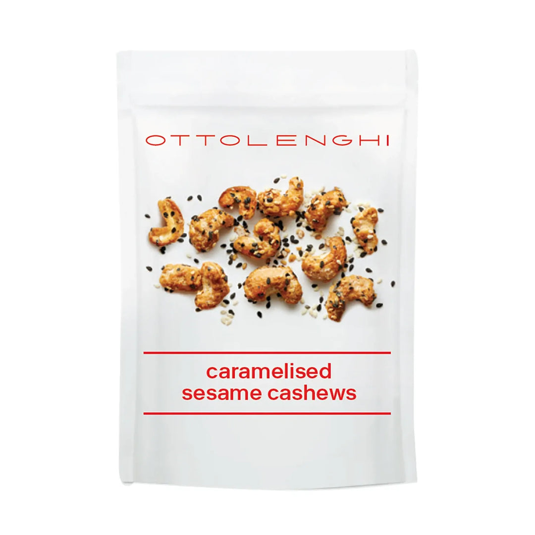 A bag of Ottolenghi caramelised sesame cashews on a white background