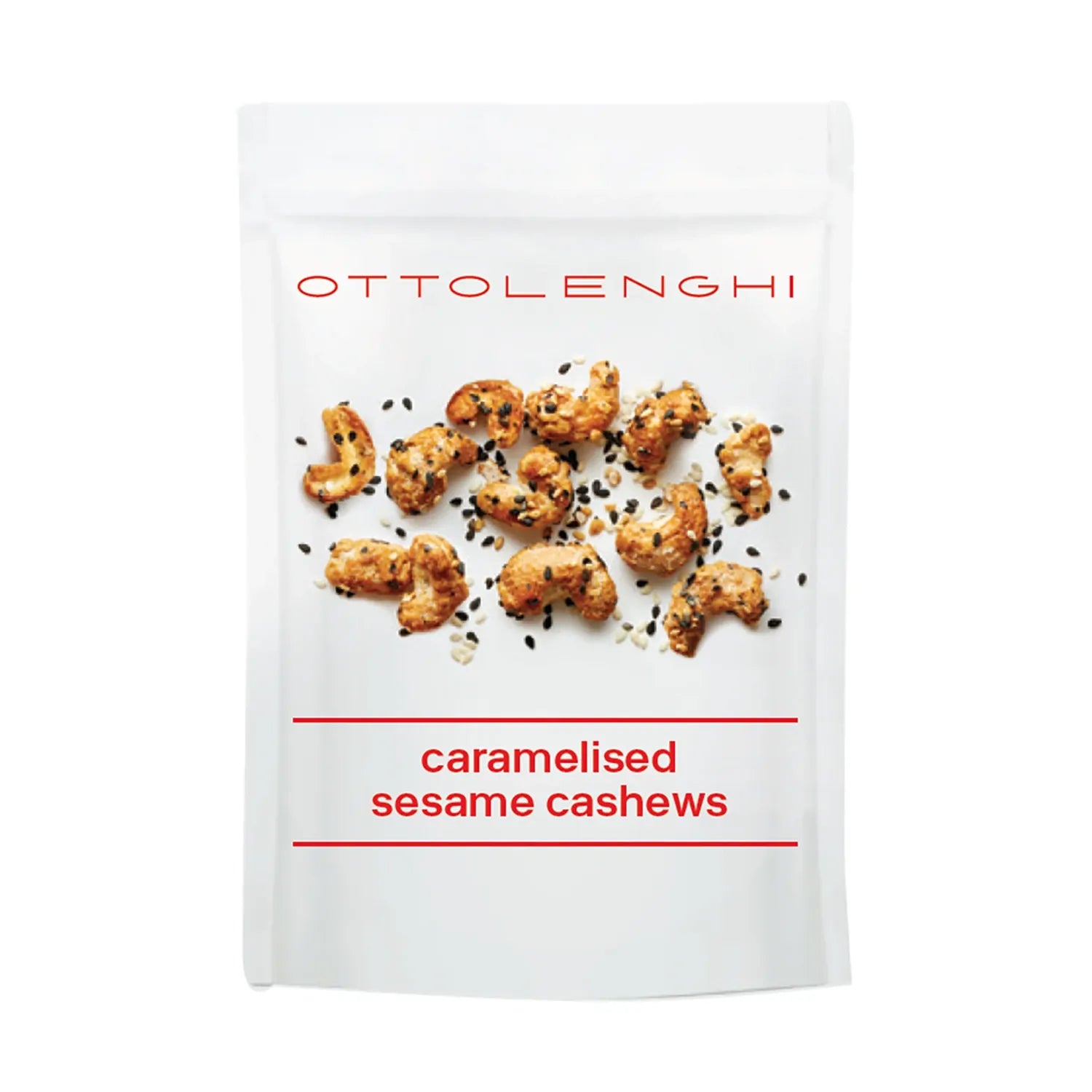 A bag of Ottolenghi caramelised sesame cashews on a white background