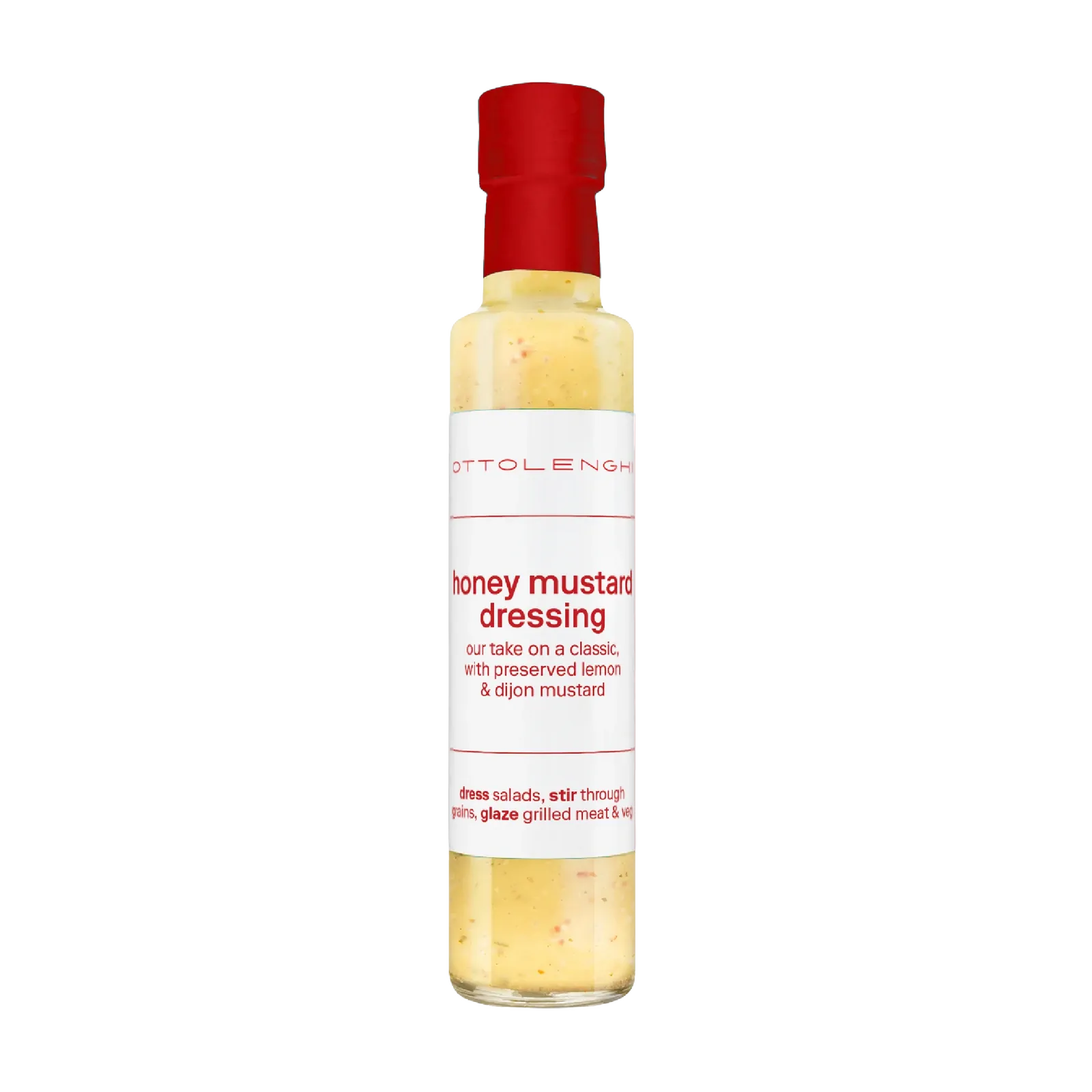 A bottle of Ottolenghi Honey Mustard Dressing with a red cap and white label, containing a pale yellow dressing, shown on a plain white background.