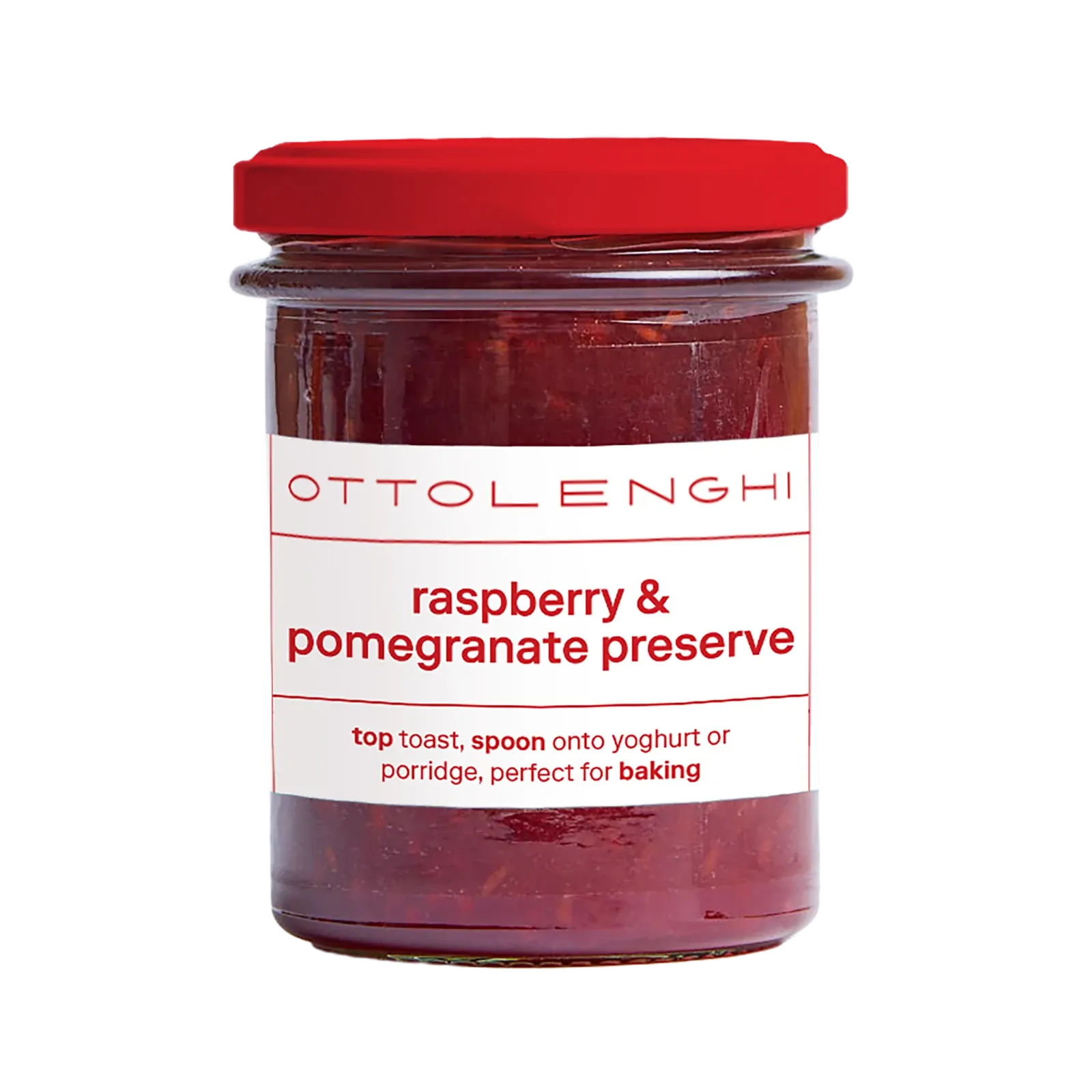 A jar of Ottolenghi Raspberry & Pomegranate Preserve with a red lid and white label, shown on a plain white background.