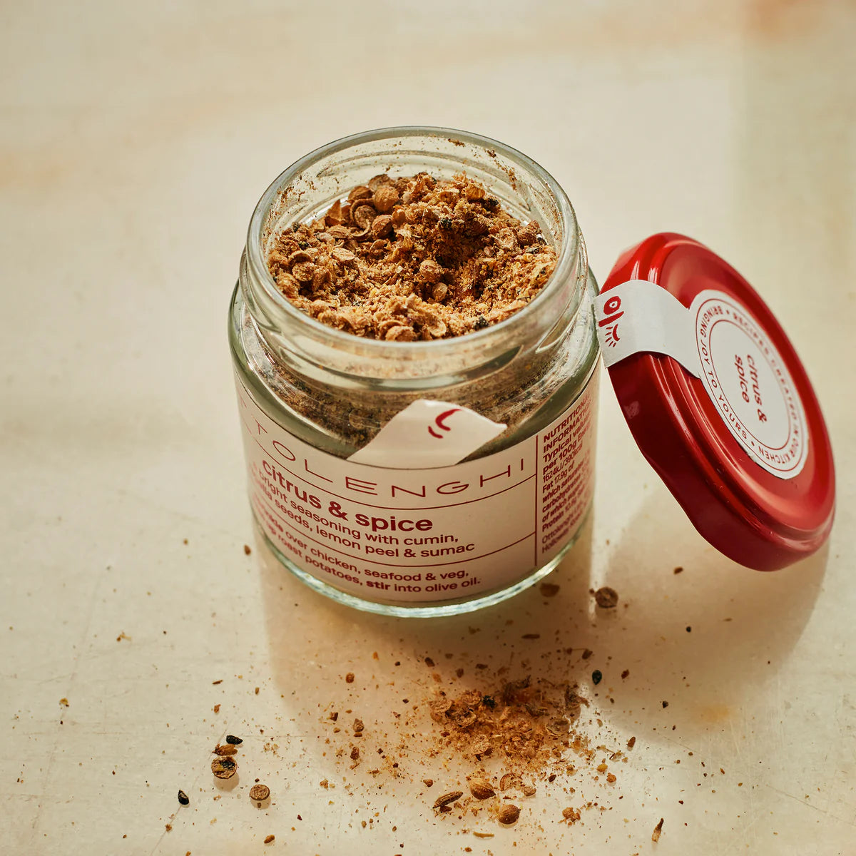 Open jar of Ottolenghi citrus & spice blend