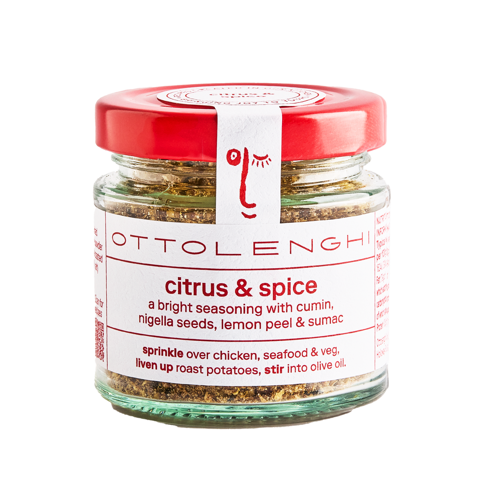 Jar of Ottolenghi citrus and spice seasoning with a red lid on a white background
