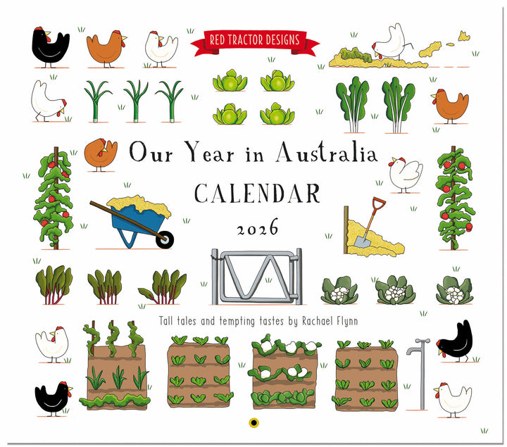 Calendar cover with farm animals and vegetables, featuring the brand 'Red Tractor Designs'.