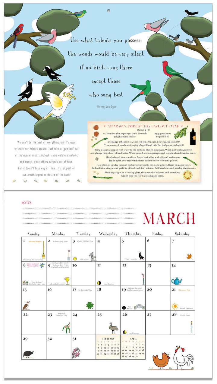 Calendar page for March with illustrations of birds and nature, featuring a colorful design.