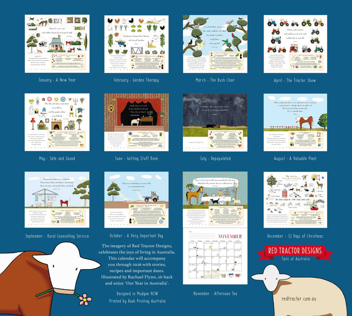 Calendar with monthly layouts on a blue background, featuring illustrations of animals and scenes.