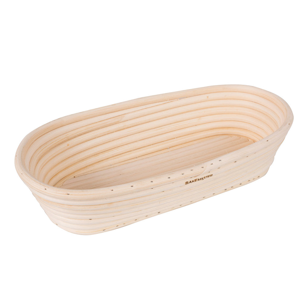 Wicker bread basket with 'Bakemaster' branding on a white background