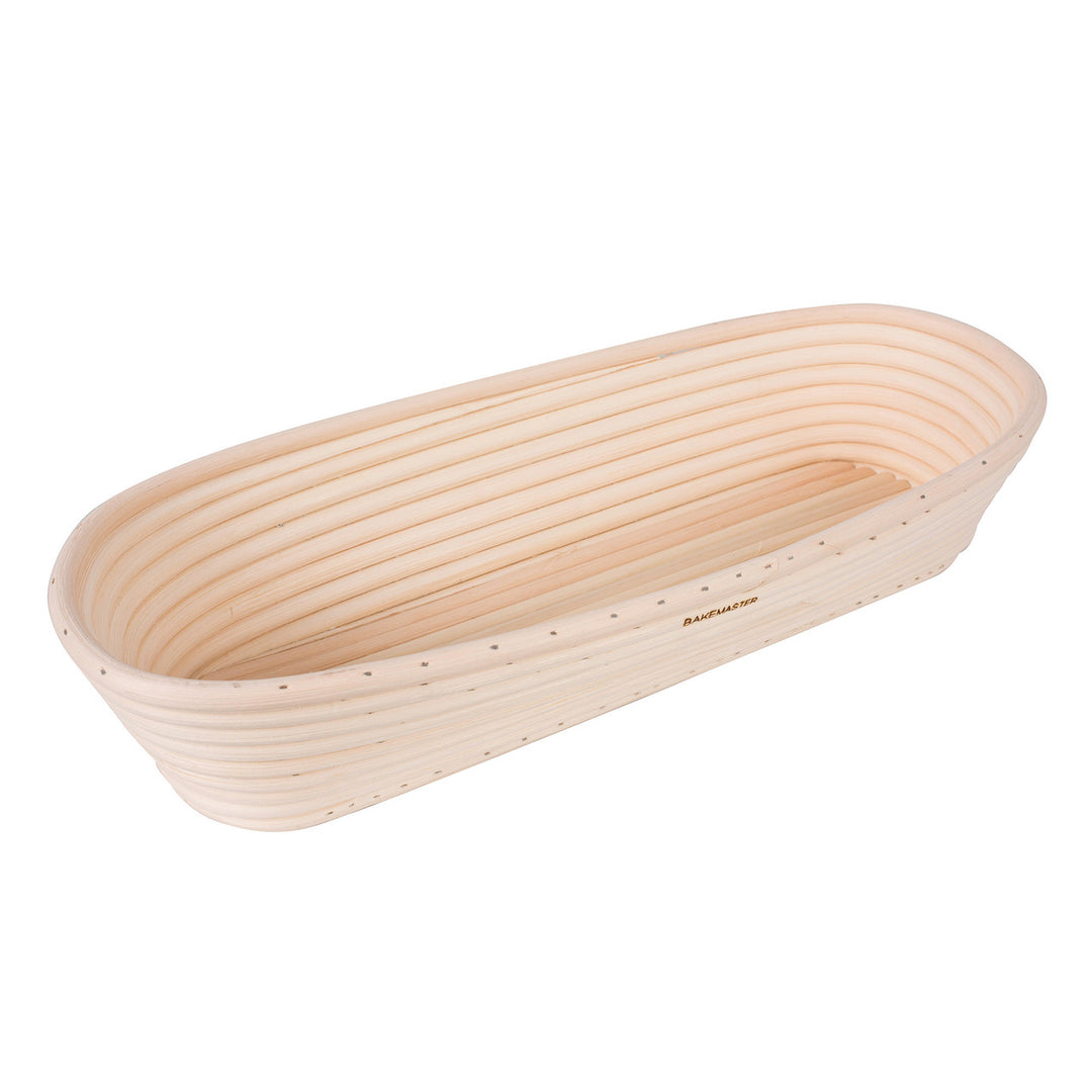 Bread proofing basket with rattan pattern on a white background