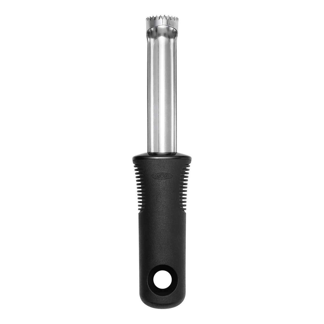 Black and silver apple corer on a white background