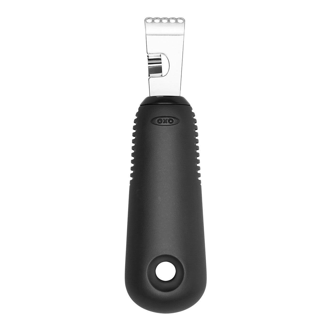 Black citrus zester with OXO branding on a white background