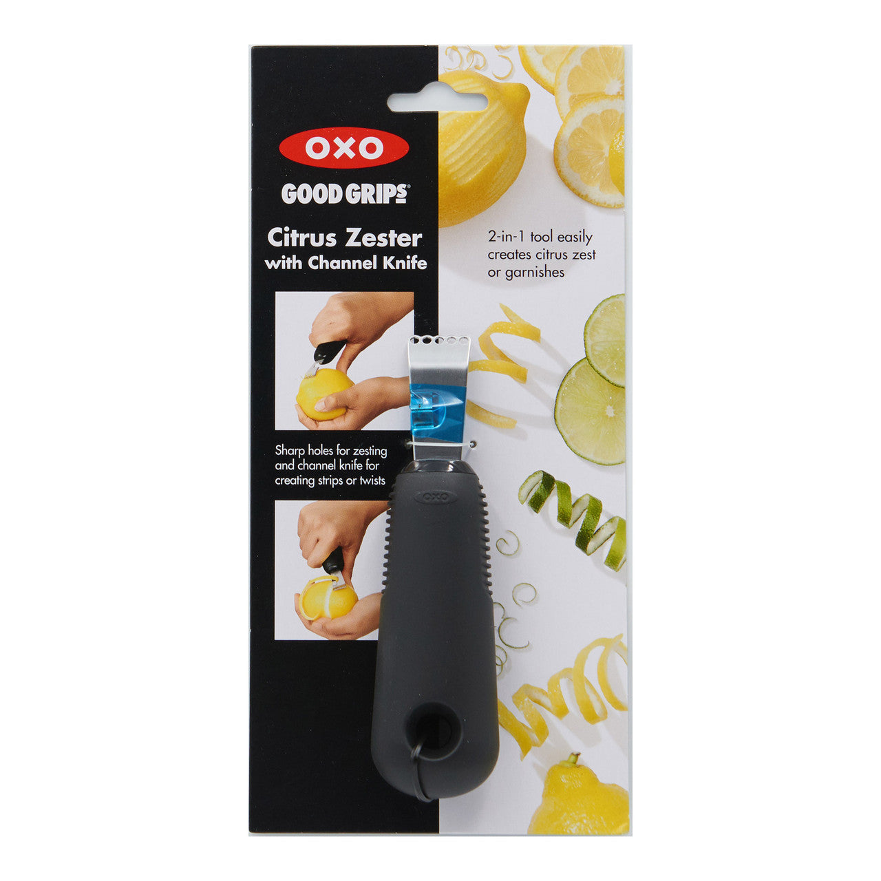 OXO Good Grips Citrus Zester packaging with images of lemons and a channel knife.