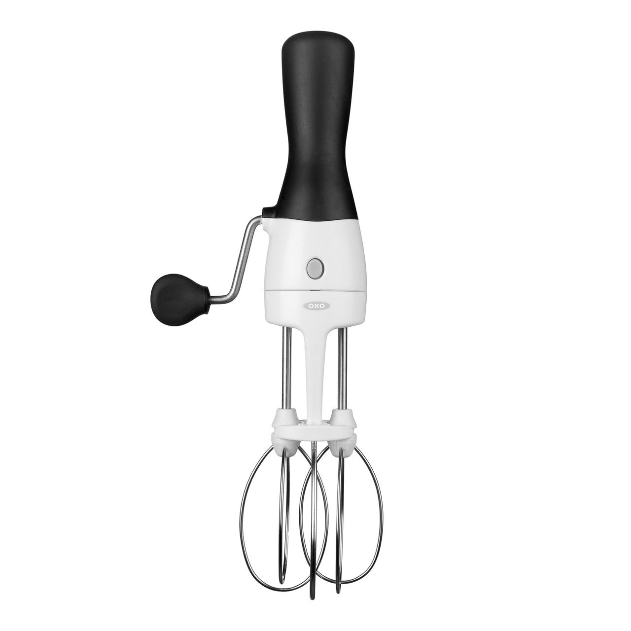 Egg beater with black handle and silver whisk on a white background