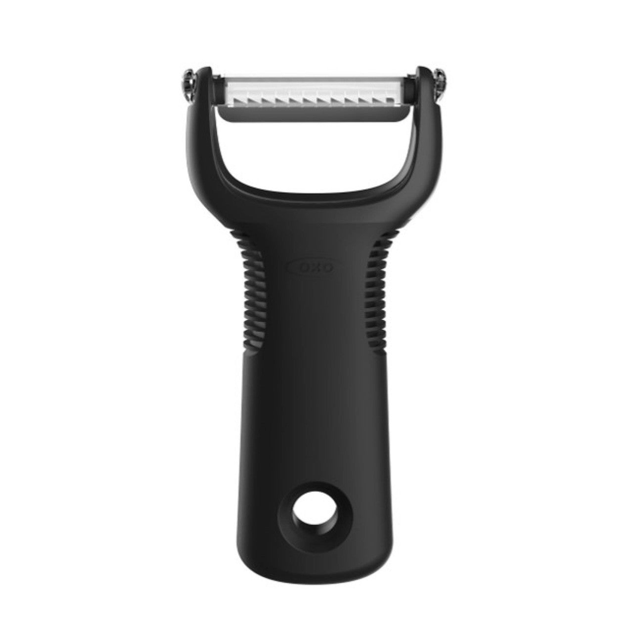 Black vegetable peeler on a white background