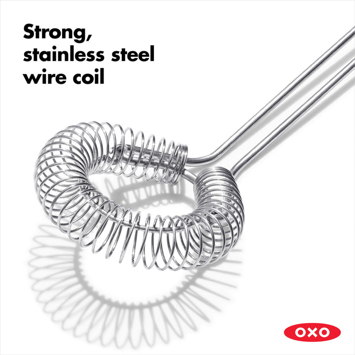 Stainless steel wire coil with OXO branding on a white background