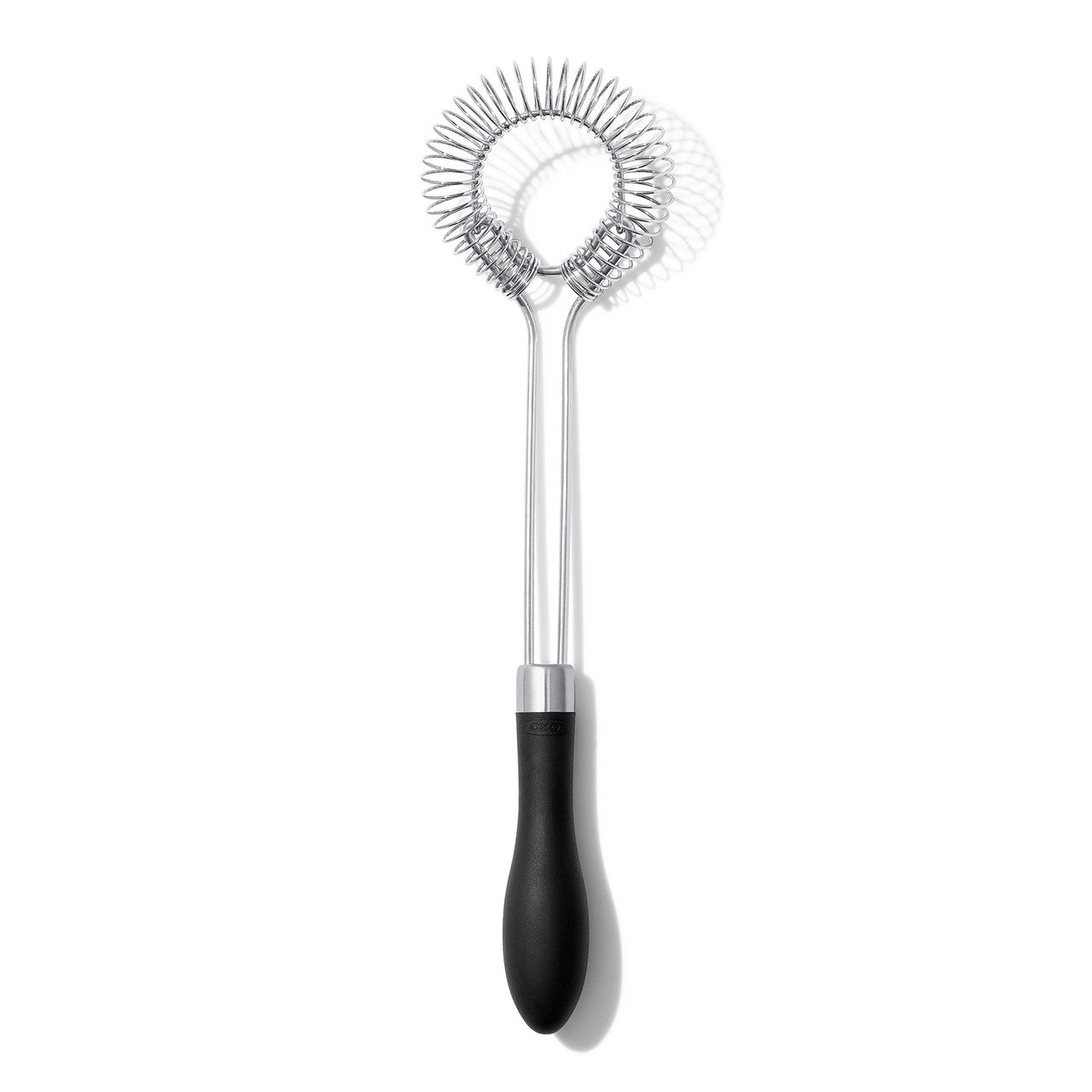 Metallic sauce and gravy whisk with black handle on a white background