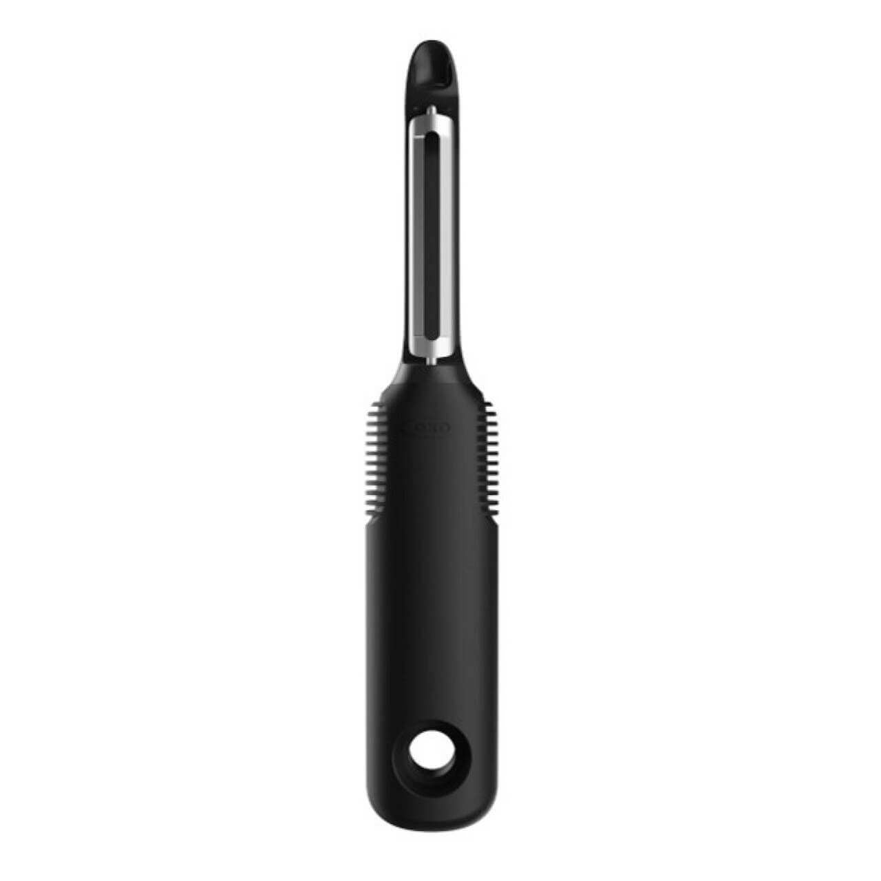 Black vegetable peeler on a white background