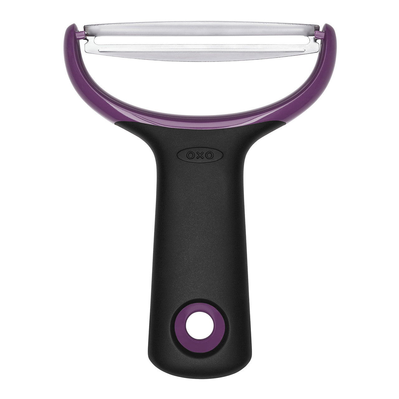 Oxo vegetable peeler with purple handle and blade on a white background