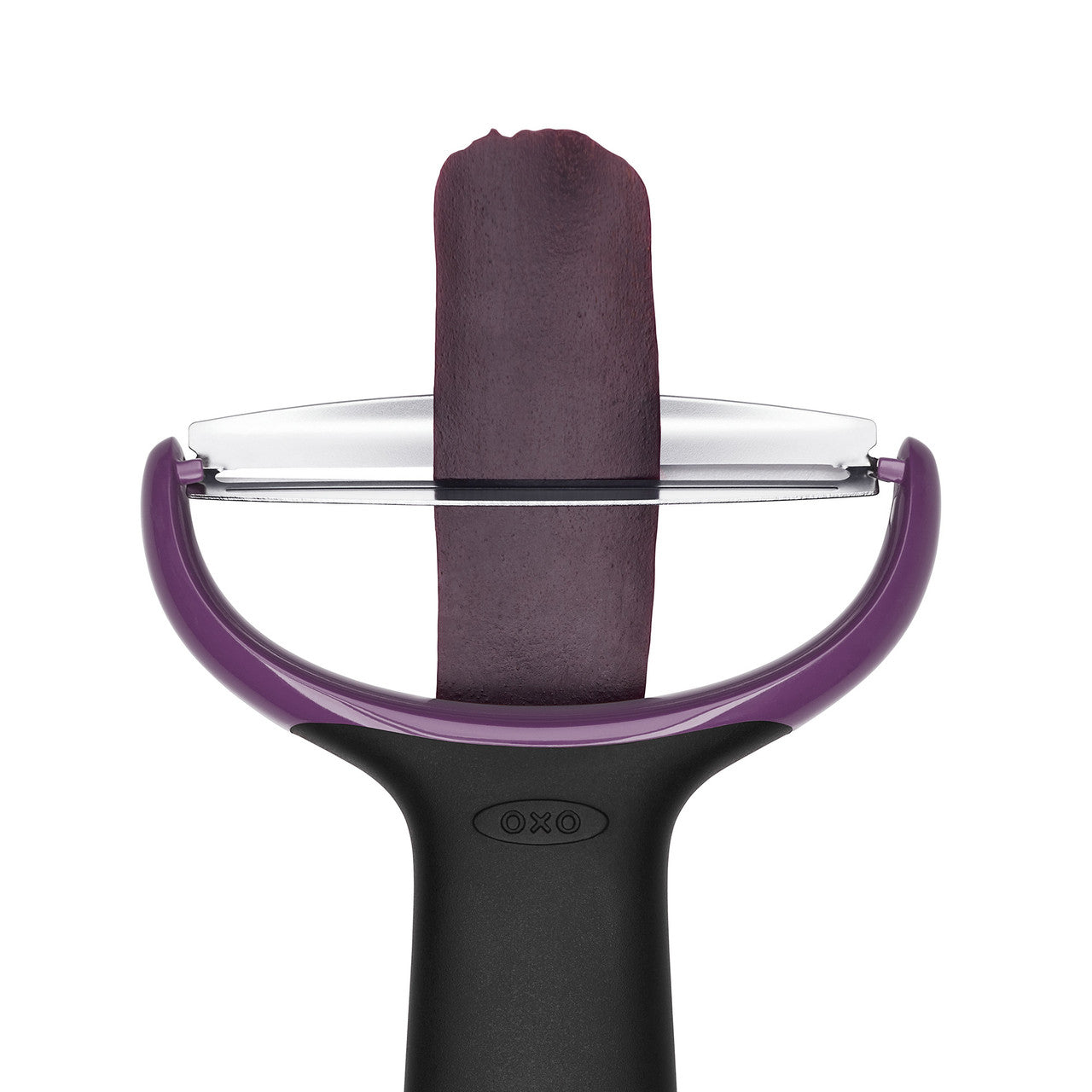 Purple and black vegetable peeler with a white background