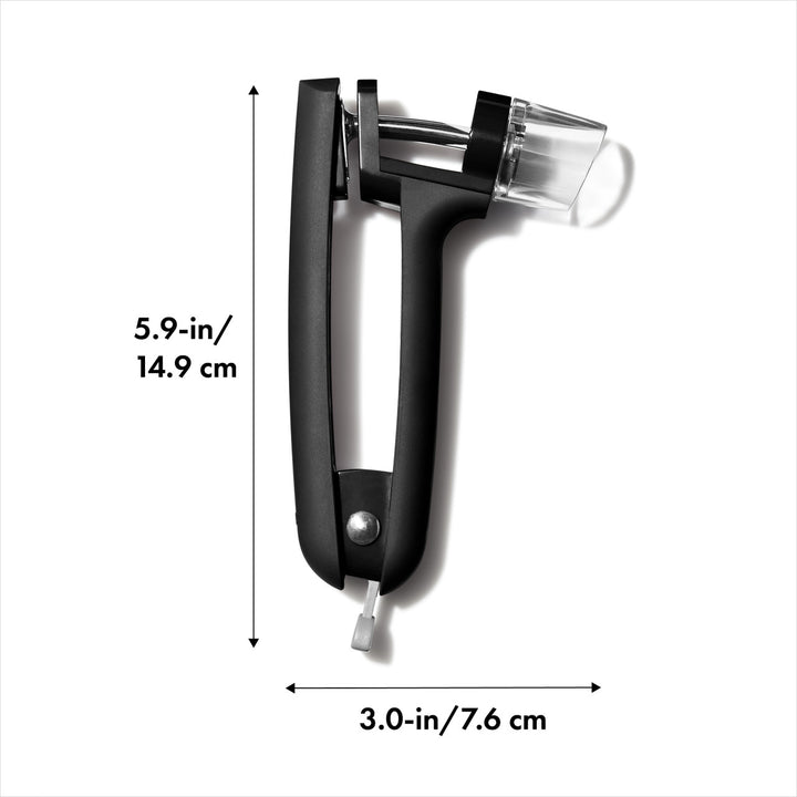Black kitchen tool with measurements on a white background