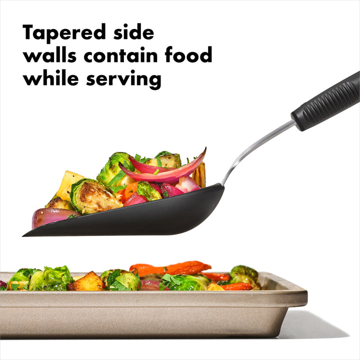 Black serving spoon with food, text &