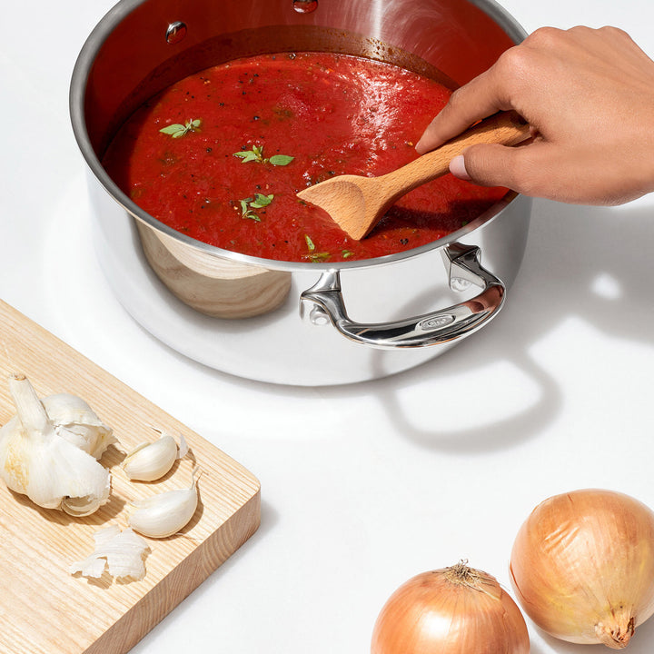 Stainless steel pot with tomato sauce, wooden spoon, garlic, and onion on a white background