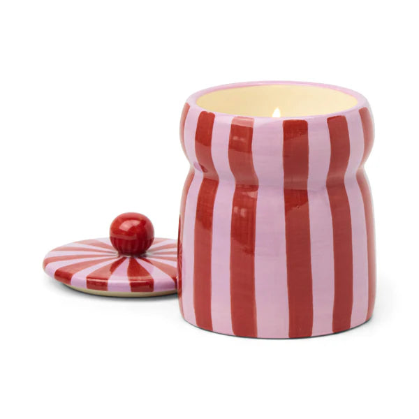 Red and white striped ceramic jar with a matching lid on a white background
