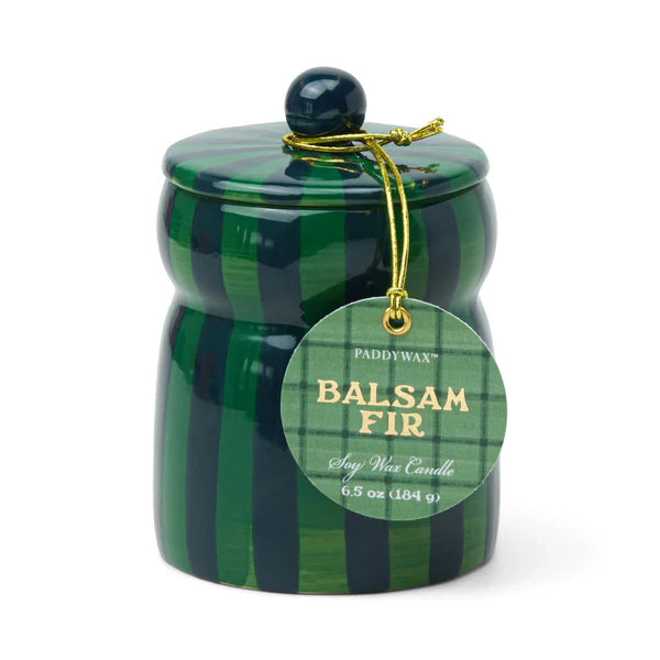 Green striped candle jar with 'Balsam Fir' label on a white background
