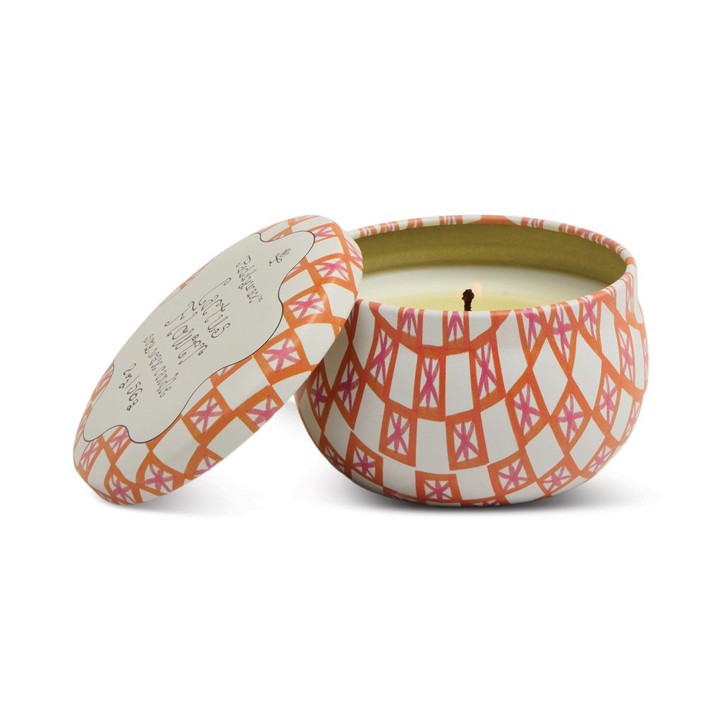 Paddywax cactus flowers candle in a small decorative tin with lid on a white background 