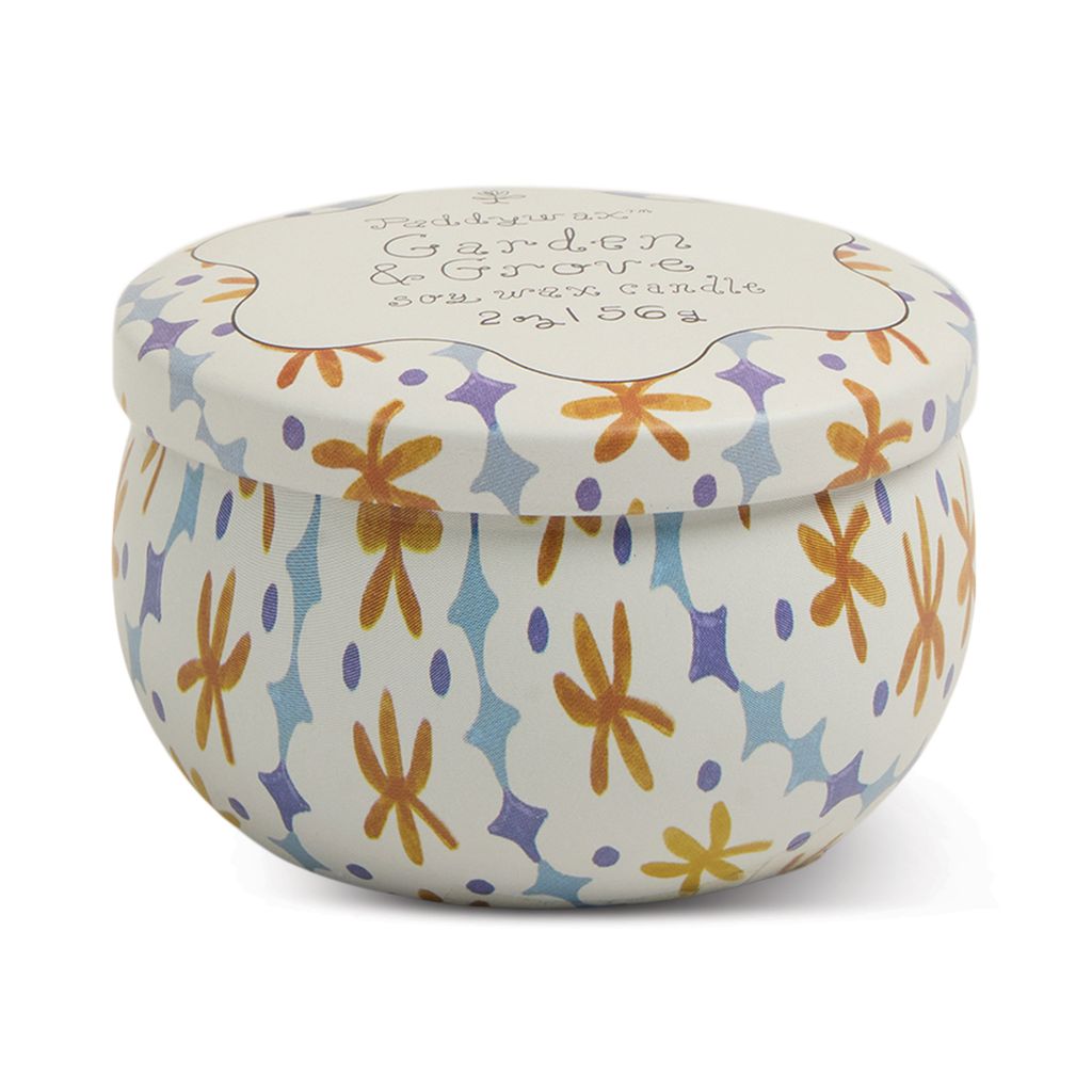 Decorative candle tin with floral pattern on a white background