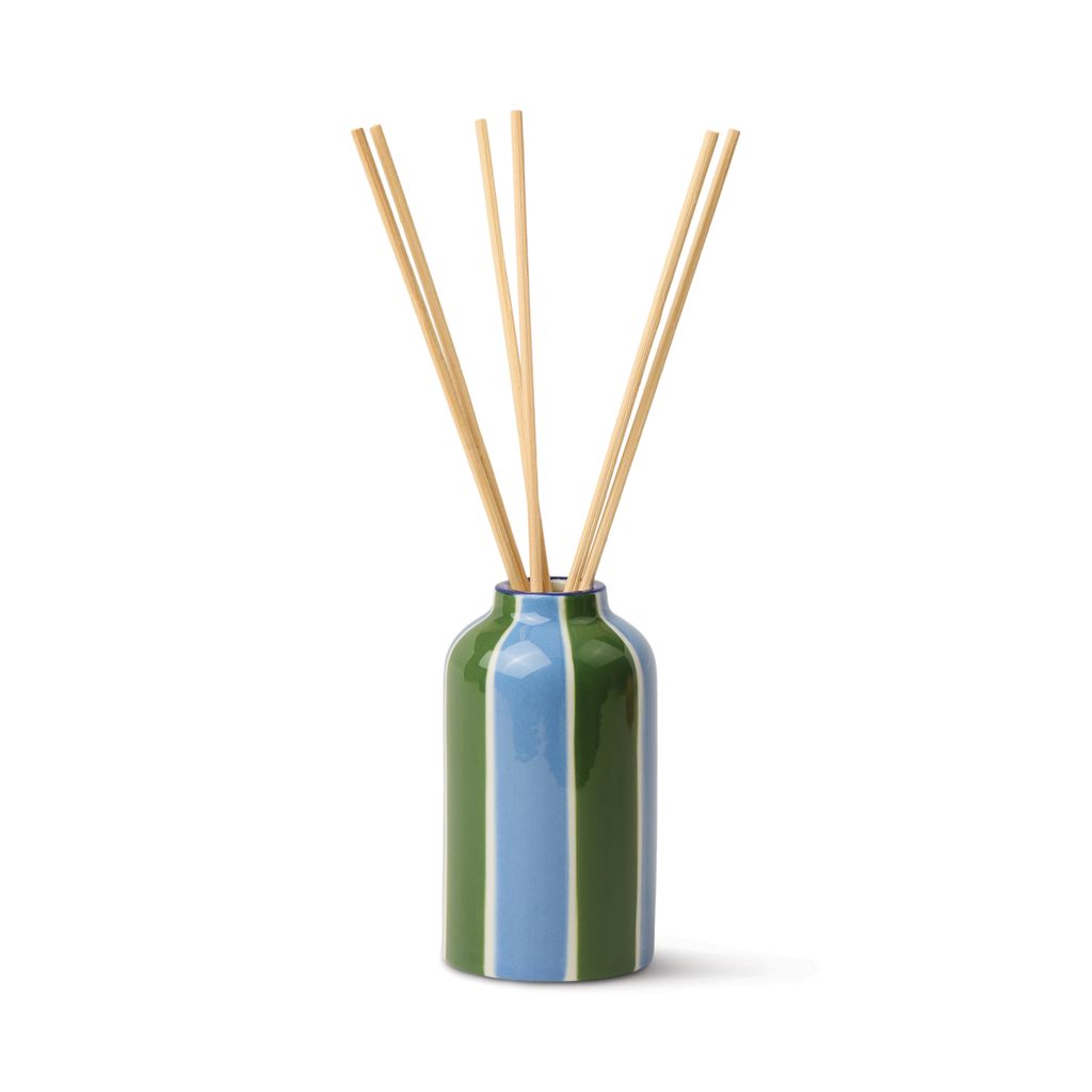 Green and blue striped diffuser bottle with wooden sticks on a white background