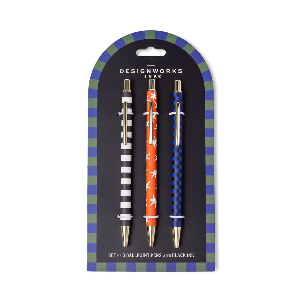 Set of three ballpoint pens in packaging with &