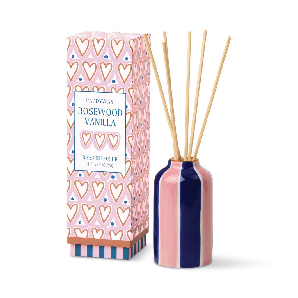 Paddywax Rosewood Vanilla reed diffuser with decorative packaging on a white background
