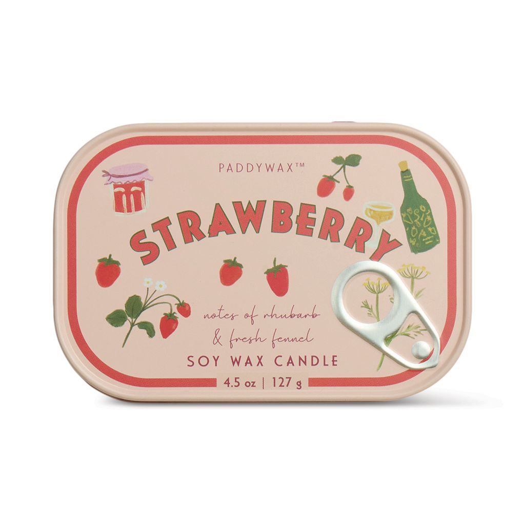 Strawberry scented candle packaging with illustrations on a white background