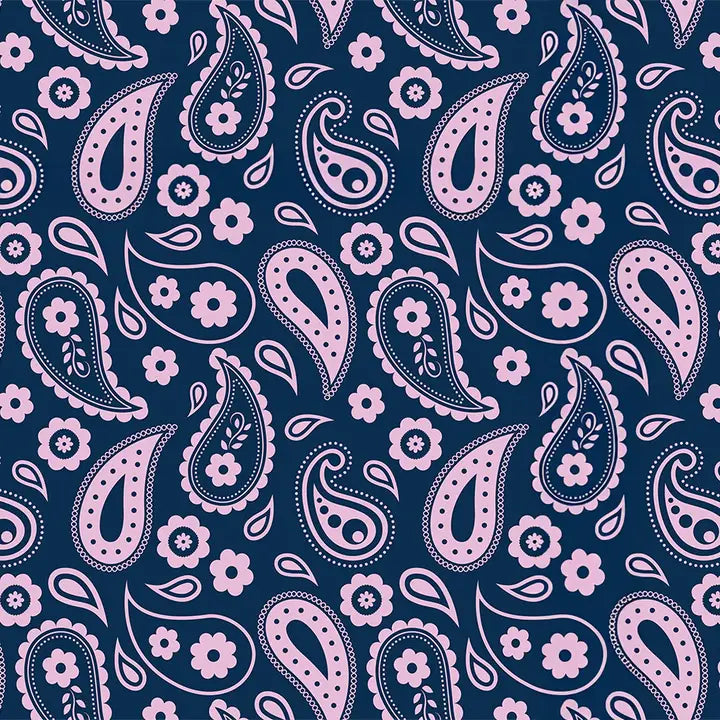 Pattern of pink paisleys and flowers on a blue background